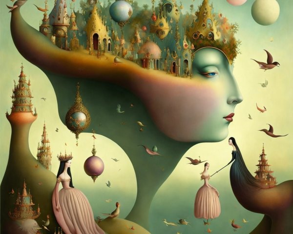Surreal Landscape with Fantastical Architecture and Faces