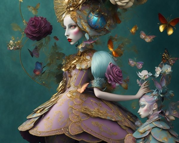 Elegant Figures in Intricate Dresses and Floral Headpieces