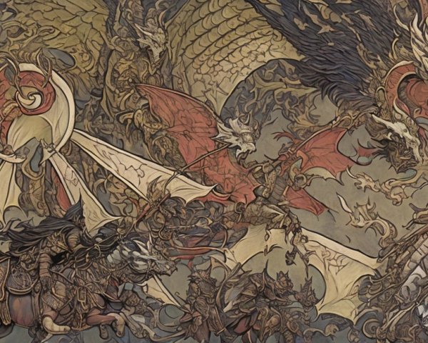 Fantasy Battle Scene with Warriors and Dragons