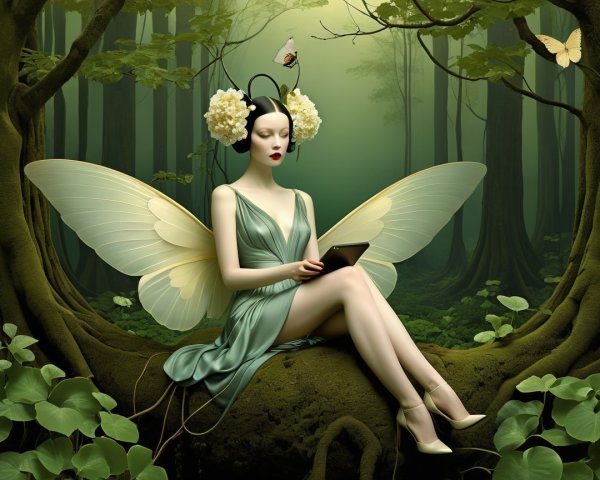 Surreal Figure with Butterfly Wings in Enchanted Forest