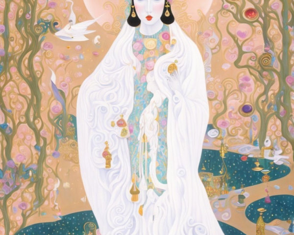 Serene figure in white robes with child in tranquil setting