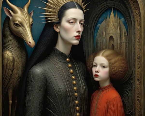 Regal Woman and Child in Mystical Castle Scene