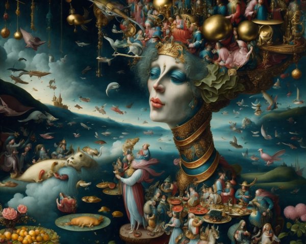 Surreal Scene of Giant Female Head with Vibrant Elements
