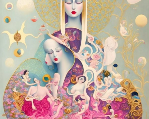 Ethereal figure in vibrant colors and intricate patterns