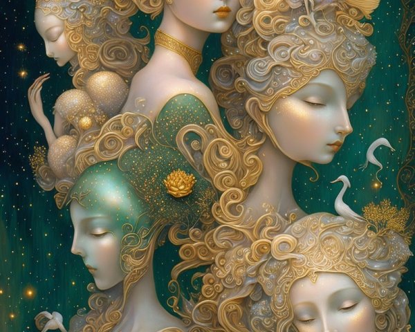 Ethereal Figures with Flowing Hair and Nature Elements