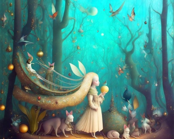 Ethereal Forest Scene with Enchanting Creatures