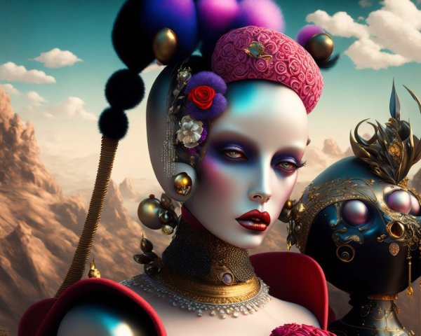 Futuristic figure with floral adornments and dramatic makeup