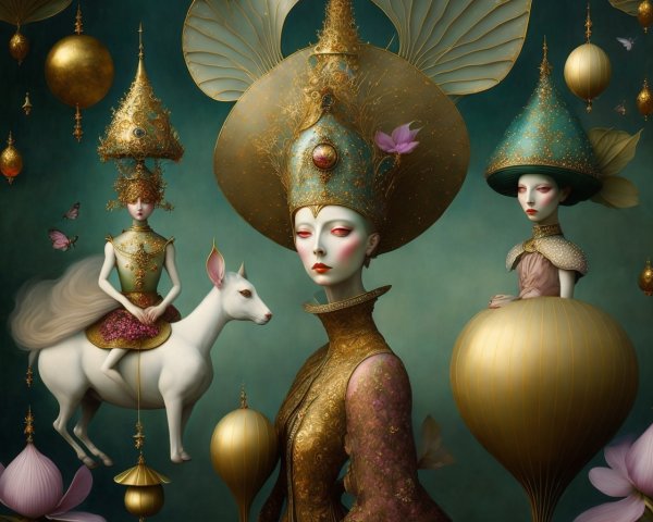 Ethereal Figures in Golden Garments with Deer and Lanterns