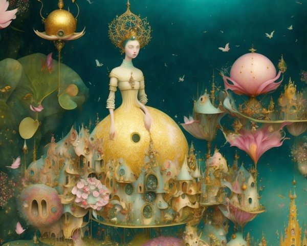 Serene Figure on Golden Dress in Whimsical Landscape