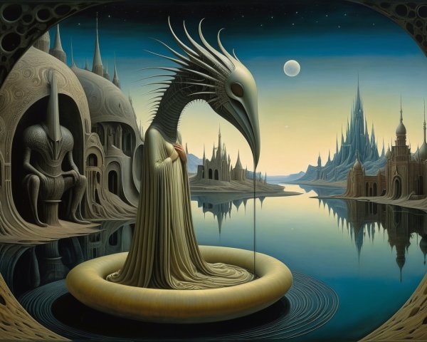 Surreal Landscape with Bird-Headed Figure and Pool