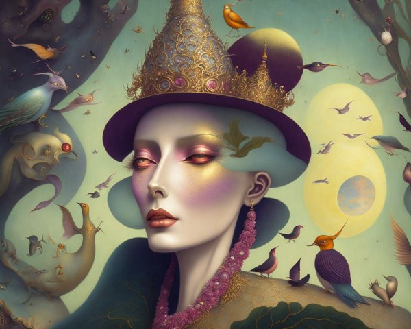 Mystical Woman in Ethereal Landscape with Birds