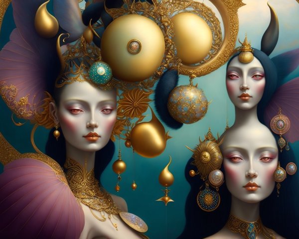 Ethereal Figures with Gold Accessories and Pale Skin