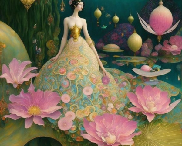 Serene figure in intricate gown among vibrant flora