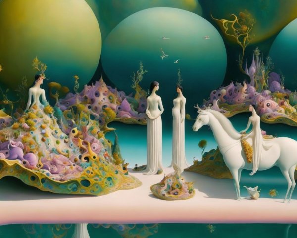 Surreal Landscape with Ethereal Figures and Flora