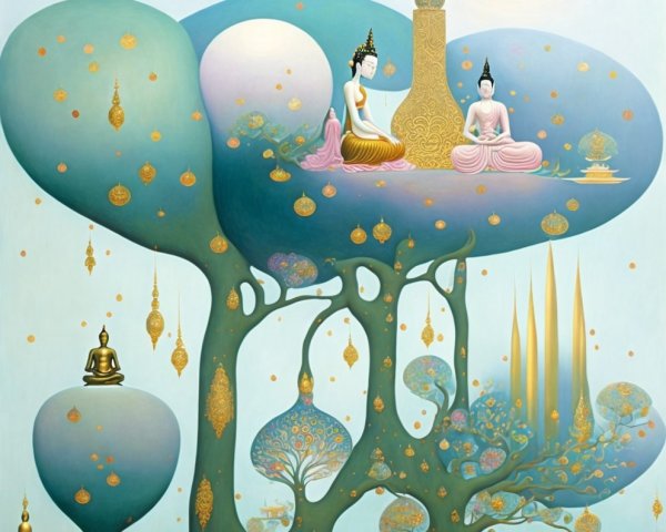 Buddha Figures Amid Abstract Trees and Dreamlike Landscape