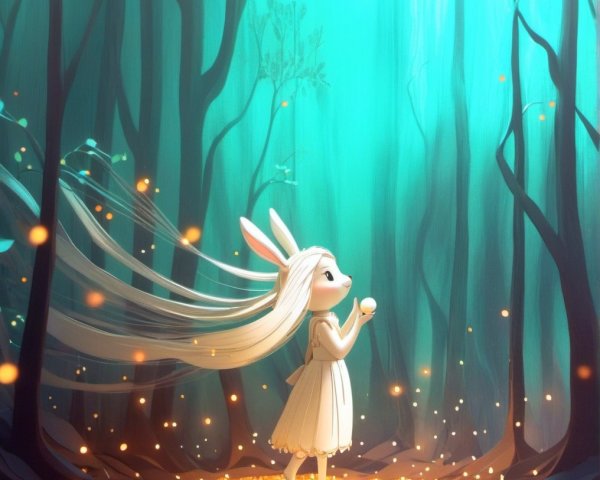 Mystical forest with glowing trees and whimsical girl