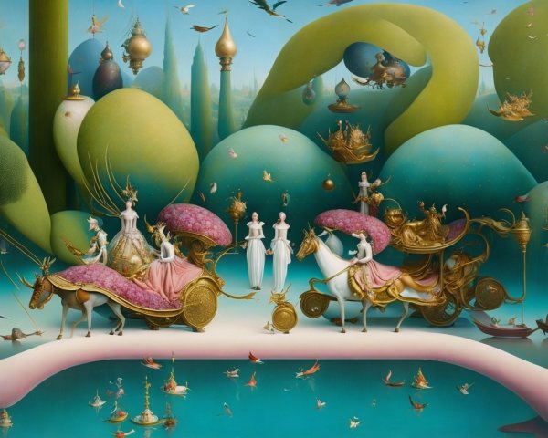 Elegant Figures in Carriages in a Dreamlike Landscape
