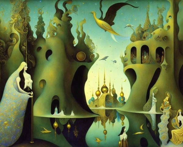 Surreal Landscape with Whimsical Shapes and Figures