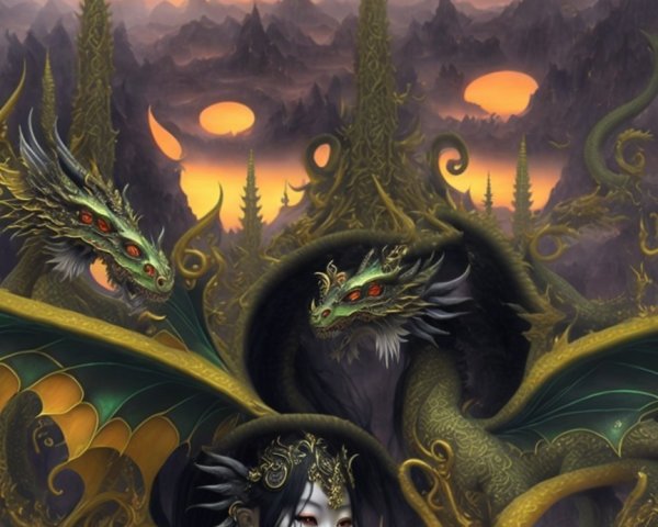 Mystical Woman in Golden Attire with Dragons at Sunset