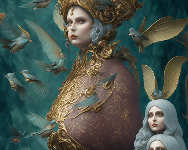 Surreal Scene with Ornate Figure and Delicate Birds