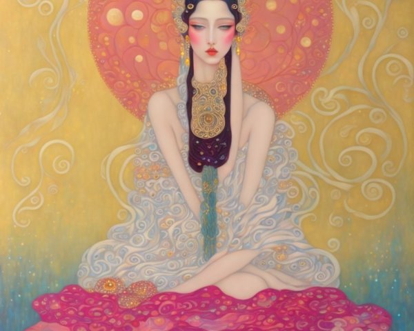 Serene Figure in Vibrant Colors and Patterns