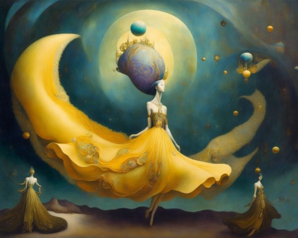 Whimsical Dance of Ethereal Figures in Cosmic Scene