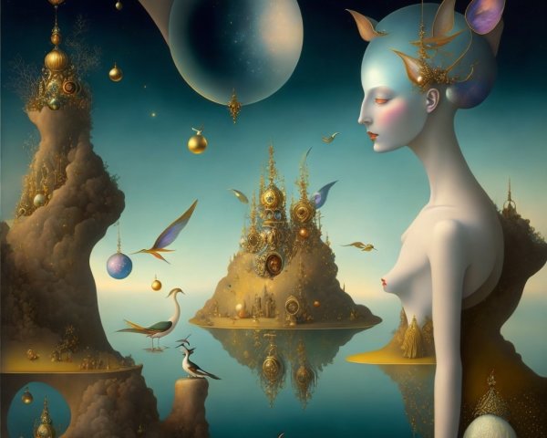 Surreal Landscape with Ethereal Figure and Fantastical Elements