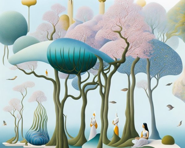 Surreal Landscape with Whimsical Trees and Pastel Hues