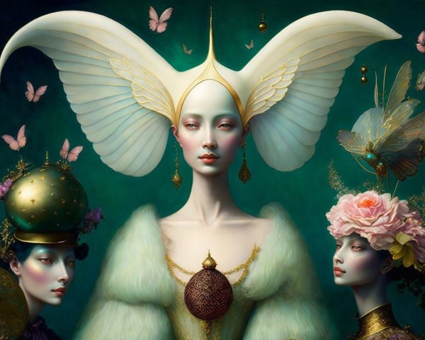 Ethereal Figures in Extravagant Costumes and Wings