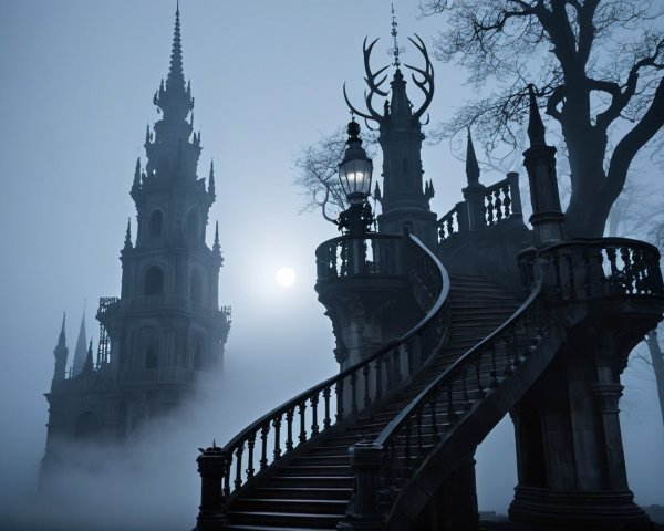 Gothic Structure with Spires and Grand Staircase