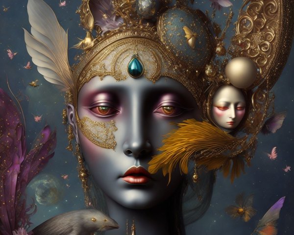 Surreal Figure with Gold Jewelry and Butterflies