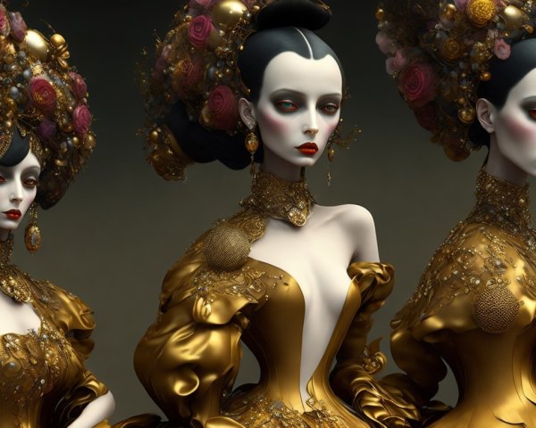 Elegant Figures in Golden Gowns with Floral Accents