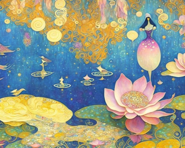 Whimsical Landscape with Lotus Flowers and Ethereal Figures