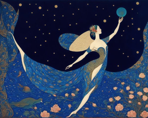 Dancer in Blue Gown Under Starry Night Sky