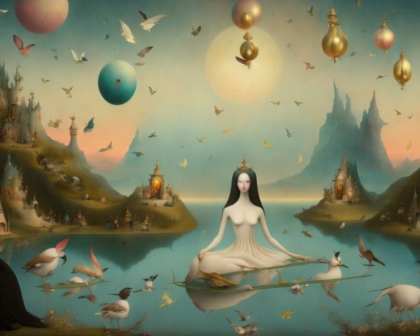 Dreamlike Landscape with Meditating Figure and Creatures