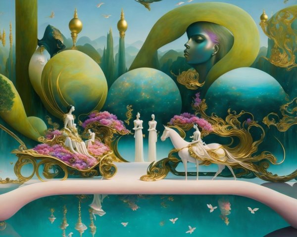 Surreal Scene with Ethereal Figures and Vibrant Landscapes