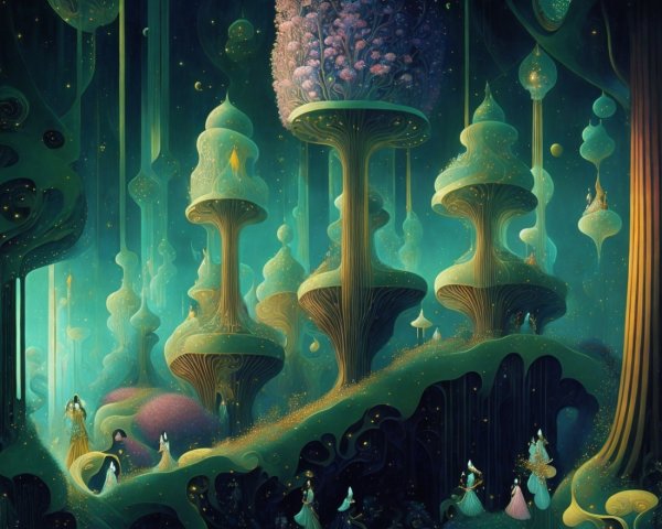 Surreal Landscape with Whimsical Mushroom Trees