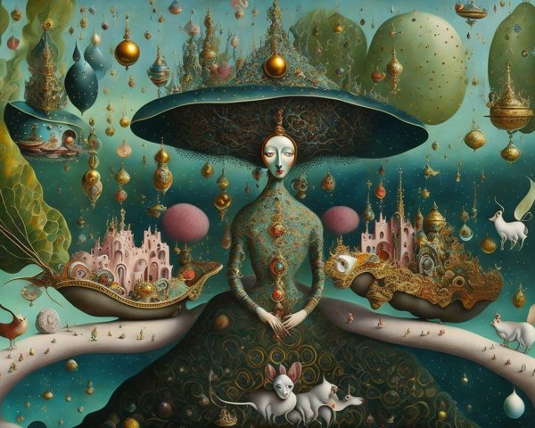 Whimsical Scene with Serene Figure and Vibrant Nature