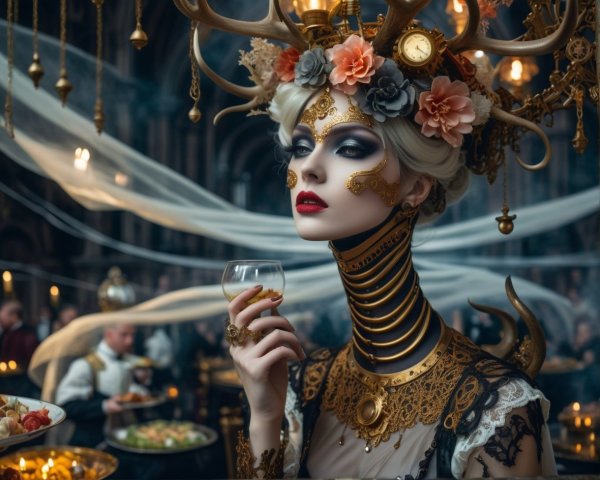 Elegant figure with antler headdress and gold accents