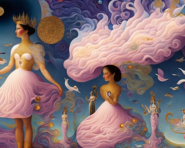 Ethereal Figures in Pastel Gowns in Dreamlike Landscape