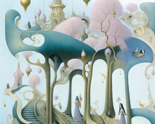 Whimsical Dreamlike Landscape with Spiraling Trees