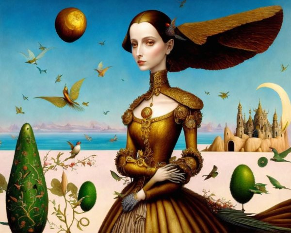 Surreal Landscape with Ethereal Woman in Golden Dress