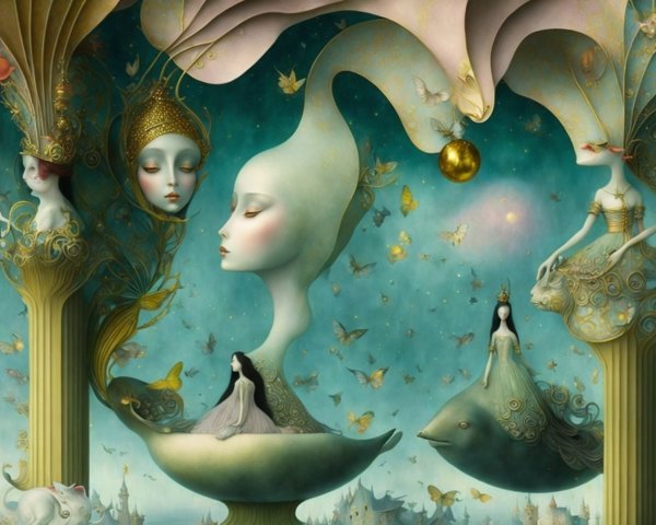 Surrealist Painting with Ethereal Figures and Colors