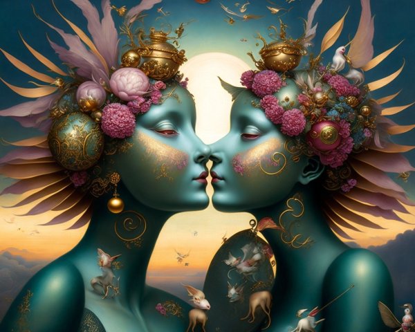 Ethereal Figures with Teal Skin in Dreamlike Setting