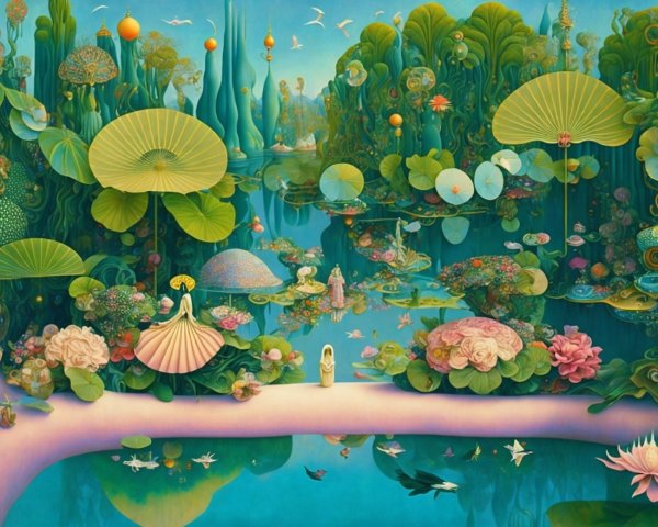 Surreal Landscape with Lush Greenery and Lotus Flowers