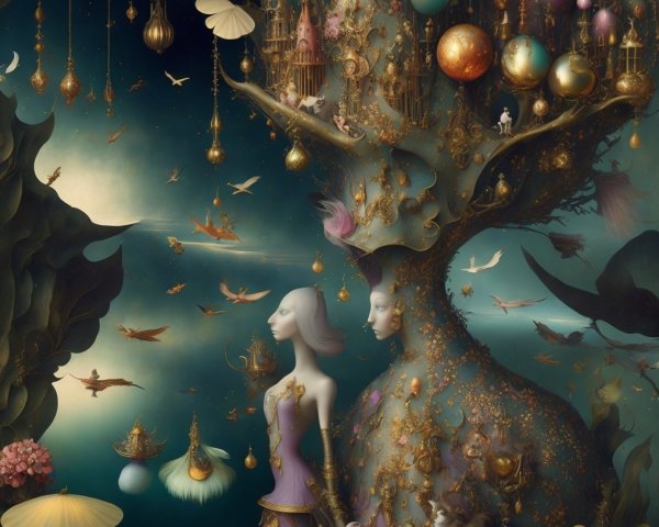 Surreal Landscape with Abstract Figures and Ethereal Creatures