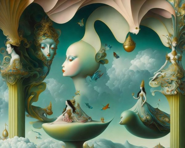Surreal landscape with ethereal figures and vibrant colors