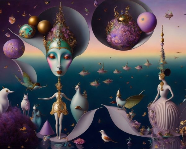 Surreal Landscape with Ethereal Figures and Vibrant Colors