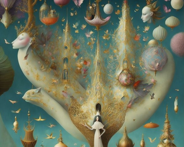 Fantastical Scene with Ethereal Elements and Structures