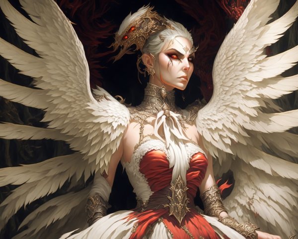 Ethereal figure with white wings and regal attire